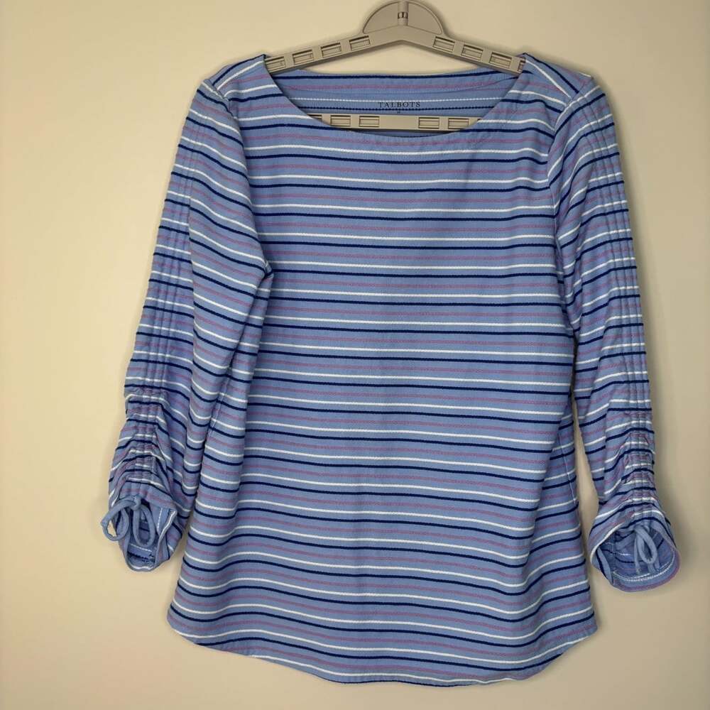 Talbots boat neck striped top womens M drawstring sleeve blue knit stretch